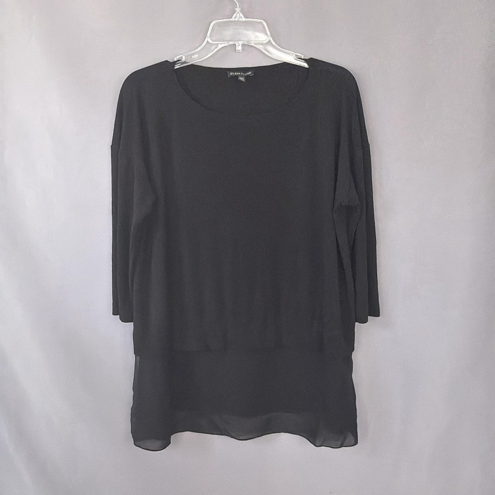 Eileen Fisher Silk Top Womens Medium Black Chiffon Tunic Basic Minimalist